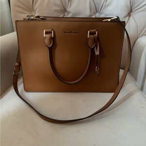 Michael Kors handbag, camel, leather, comes w/shoulder strap, 13”wide, 9.5”deep